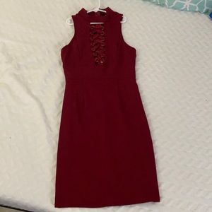 Burgundy dress.